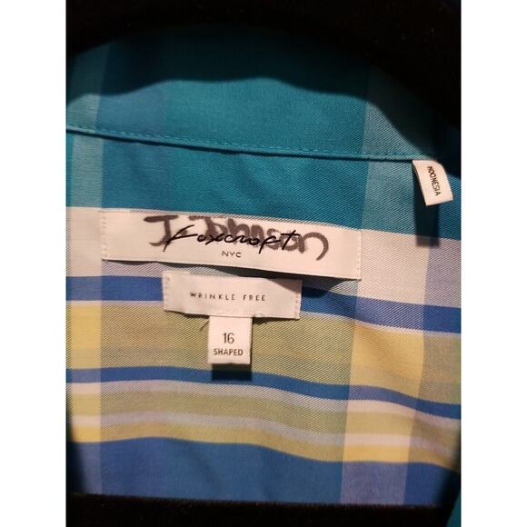 Foxcroft Shirt Womens 16 Shaped Blue Green Plaid White Buttons Long Sleeve - Picture 3 of 7